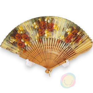 Vintage Hand Painted Spanish Fan Gold Floral 10"